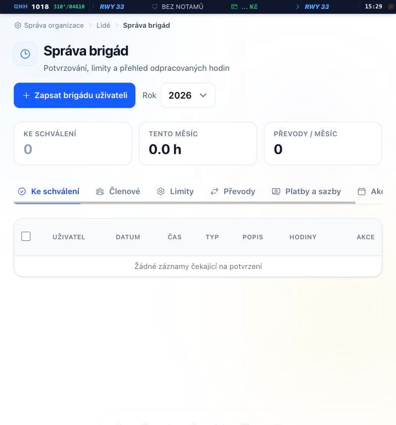 Správa brigád se souhrnem a záložkami