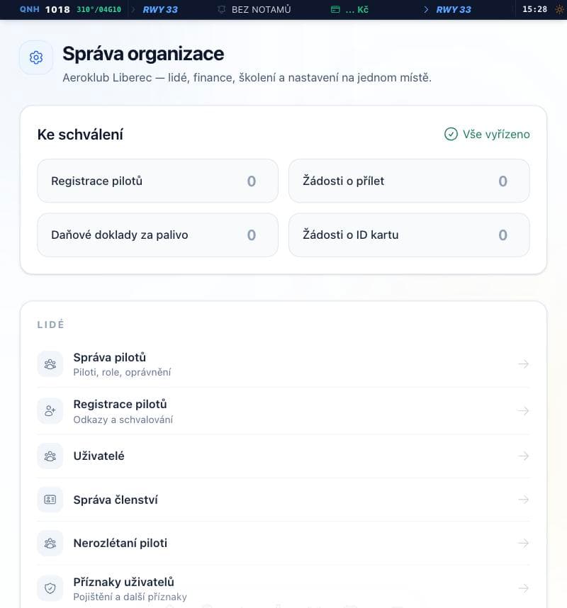 Rozcestník správy organizace s frontou ke schválení