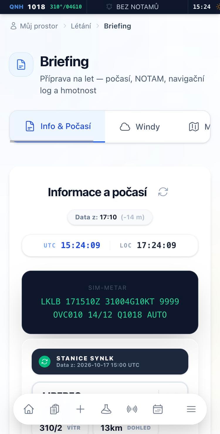 Briefing s informacemi o počasí a METAR