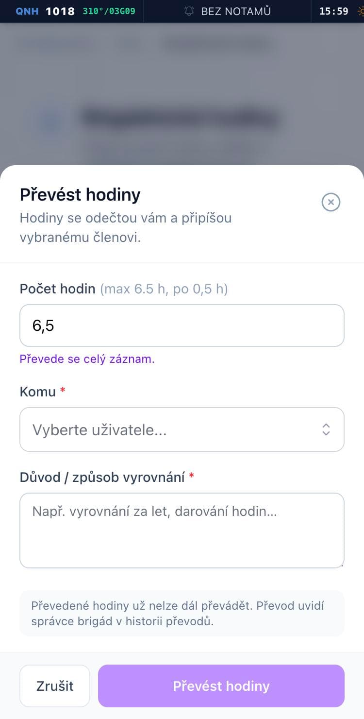Formulář převodu brigádnických hodin