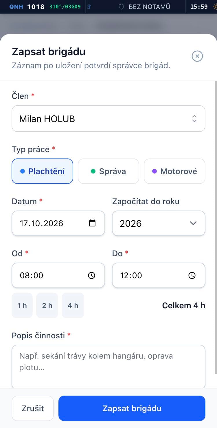 Formulář pro zápis brigády
