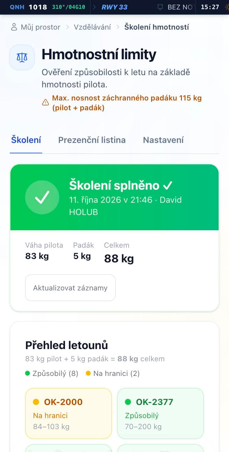 Splněné školení hmotností s přehledem letounů