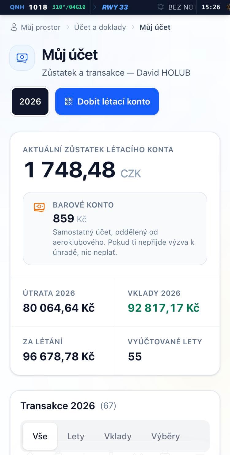 Přehled konta se zůstatkem a ročními údaji