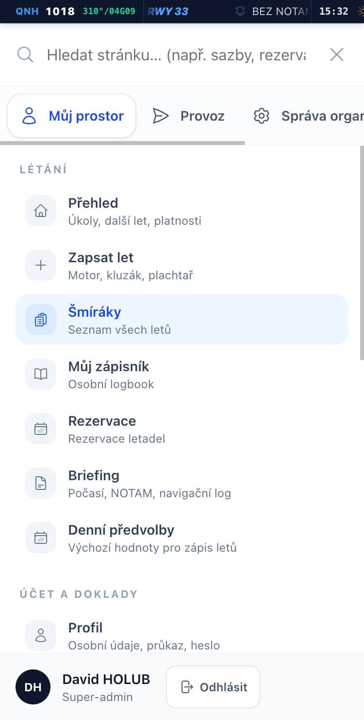 Otevřené menu aplikace s hledáním a oblastmi