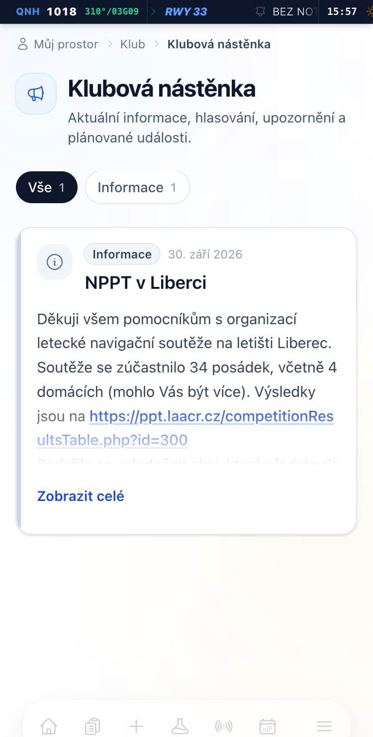 Klubová nástěnka s filtry a příspěvkem