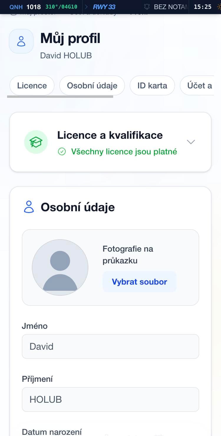 Profil s rychlými odkazy na sekce a osobními údaji