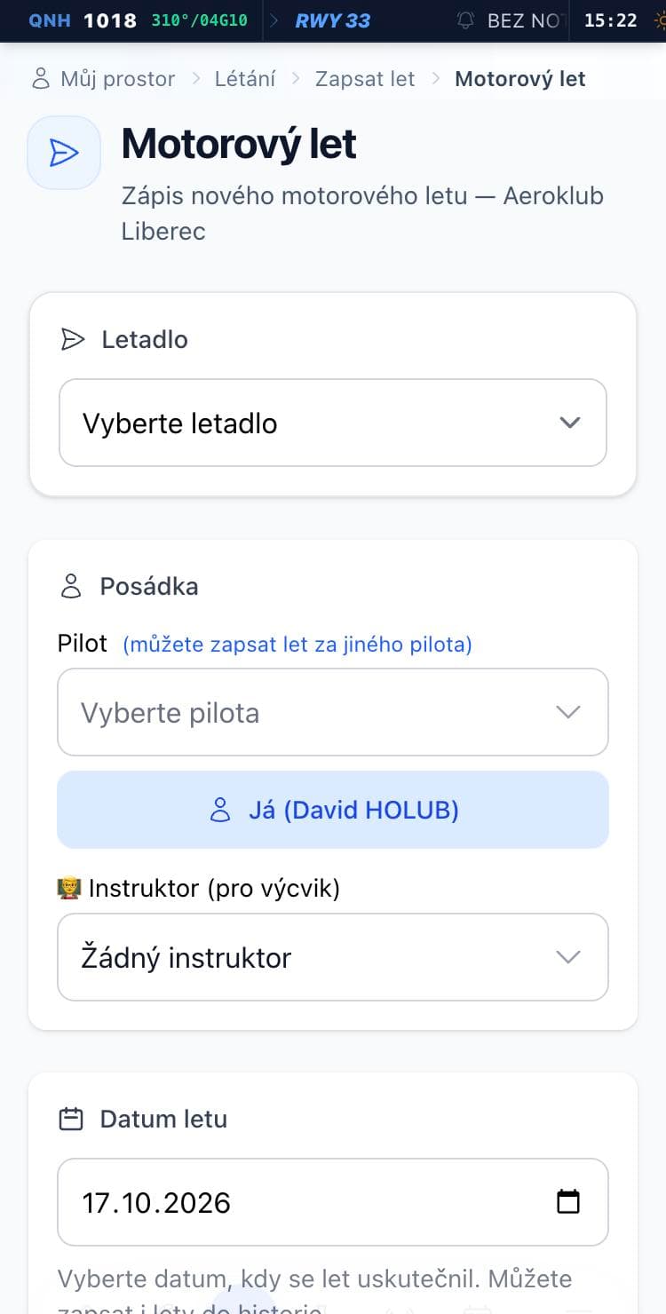Formulář motorového letu – letadlo, posádka, datum