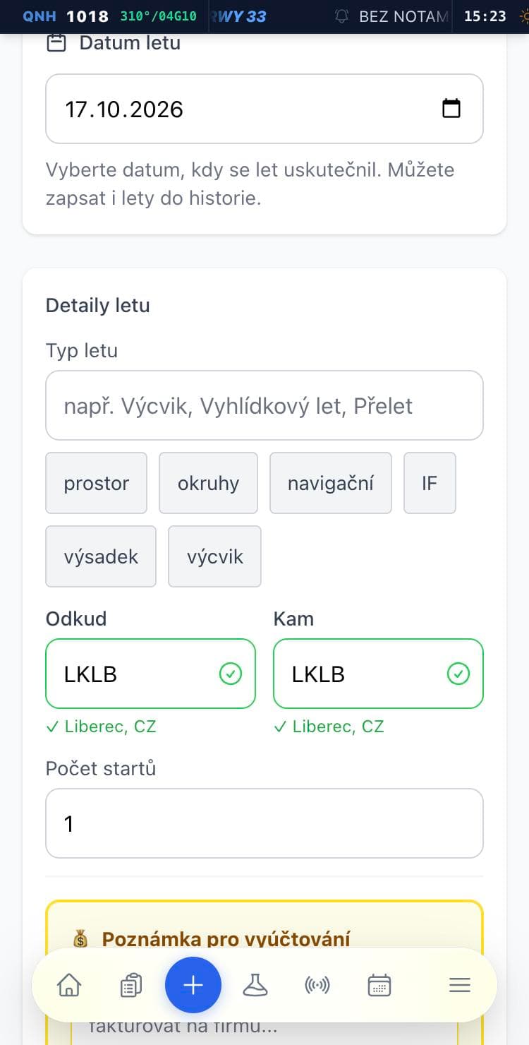 Formulář motorového letu – typ letu, odkud, kam, počet startů
